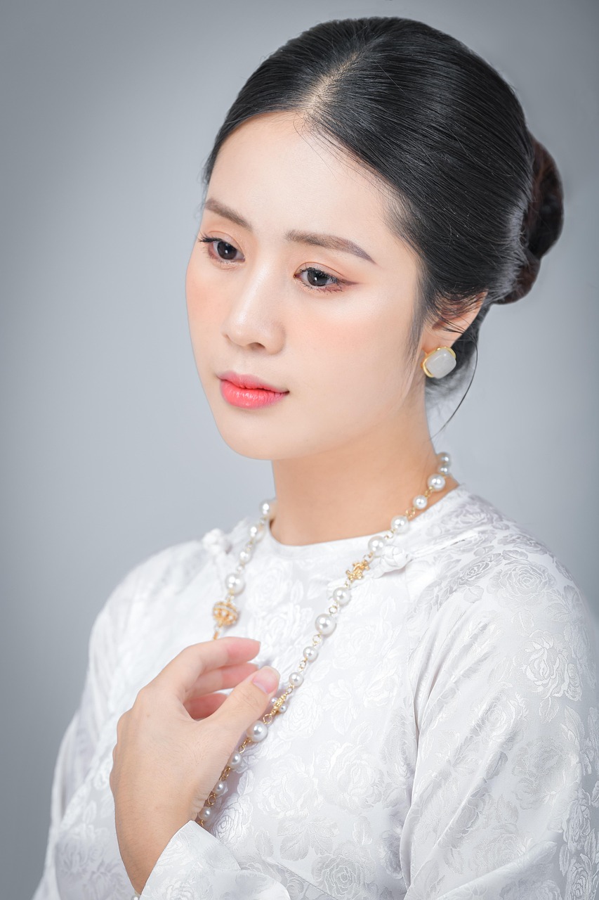 portrait, model, posing, white dress, necklace, earrings